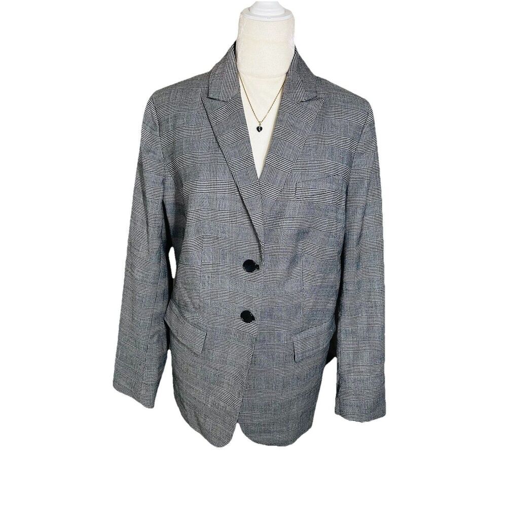 Talbots Glen Plaid Double Button Gray Wool Blazer Size 14 W Academia Business